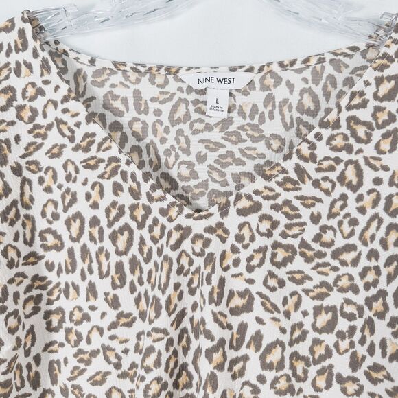 Nine West Leopard Animal Print V Neck Peplum Blouse Womens Large Crepe Chiffon - Picture 6 of 14